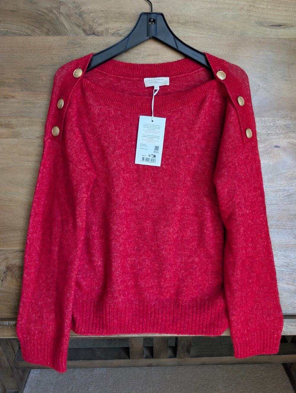 NWT Sézane Milann Sweater Womens Large Red Carmin Merino Wool Shoulder Buttons